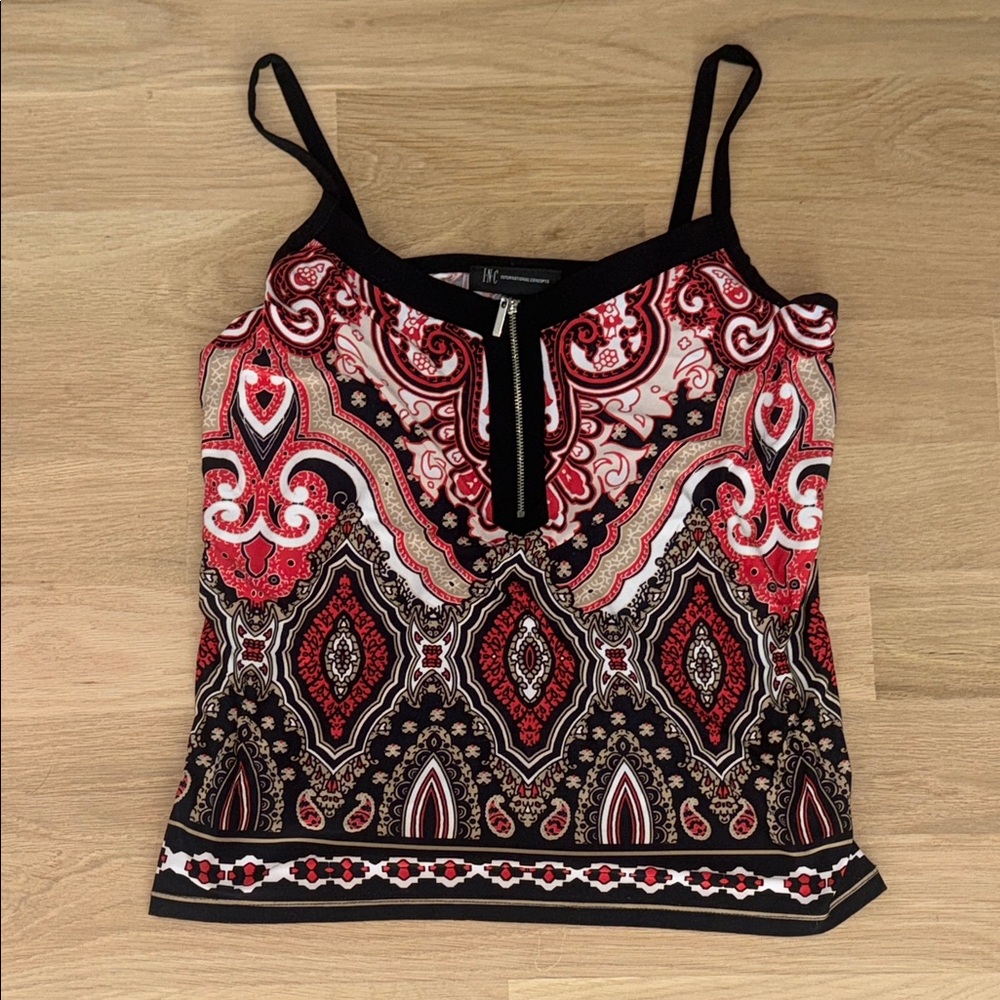 INC International Concepts Red & Black Paisley Zip-Front Cami